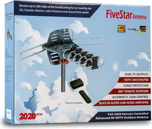 Alt view image 6 of 7 - FiveStar [Newest 2020] HDTV Antenna Amplified Digital Outdoor Antenna 150 Miles Range, 360 Degree Rotation Wireless Remote, with 40FT RG6 Coax Cable Installation Kit and Mounting Pole 5 TVs