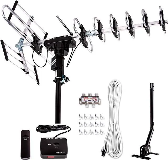 Main image of [Newest 2020] FiveStar Outdoor TV Antenna 200-Mile Long Range, 360 Degree Directional Rotation, Amplified, HDTV, Water Resistant, UV Resistant, Come with Installation Kit and Mounting Pole