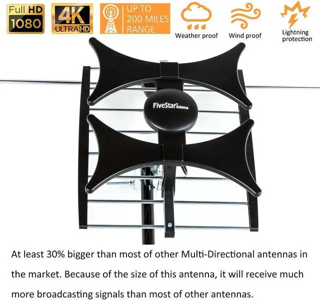 Alt view image 2 of 6 - Five Star Multi-Directional 4V HDTV Antenna - up to 150 Mile Range, UHF/VHF, Indoor, Attic, Outdoor, 4K Ready 1080P FM Radio, Supports 4 TVs Plus Installation Kit and Mounting Pole