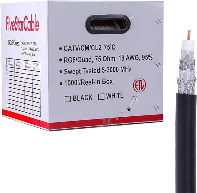 Main image of Five Star Cable ETL Listed RG6 18AWG Coaxial Cable, Quad Shielded, Black, Spool, 1000 Ft