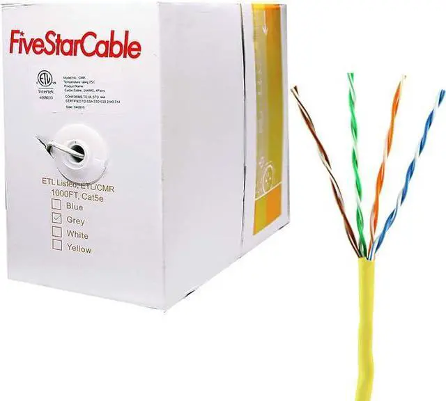 Alt view image 2 of 4 - FiveStarCable 1000 Ft Cat5e CMR Rated Solid Bare Copper Conductor UTP PVC Ethernet Cable - Yellow Color