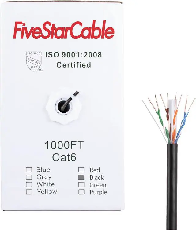 Main image of FiveStarCable 1000Ft Bulk Cat6 CMR Network Ethernet Cable, Solid Bare Copper, Riser Rated Cable, 23AWG 4 Pair UTP Internet Cable, PVC Black, Easy Pull Box