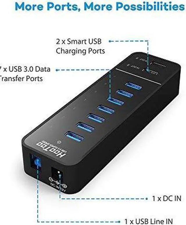 Alt view image 9 of 10 - HooToo® HT-UH010 7-Port USB 3.0 Hub with 2 Smart-Charging Ports for iPad, iPhone, Smart Phones & Tablets (Latest VIA VL812 Chipset, 12V/5A Power Adapter, 3.3ft USB Data Cable)