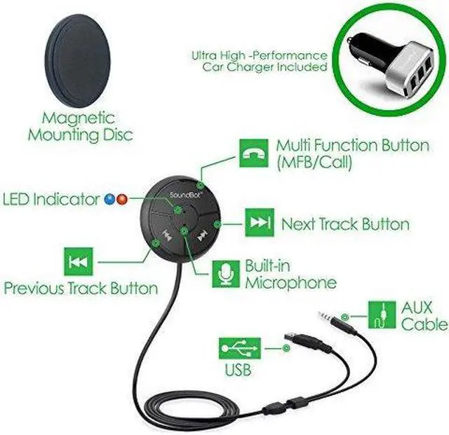 Alt view image 5 of 10 - SoundBot SB360 25.5W Bluetooth 4.0 Car Kit Hands-Free Wireless Talking & Music Streaming Dongle w/ High-Performance USB Car Charger + Magnetic Mounts + Built-in 3.5mm Aux Cable
