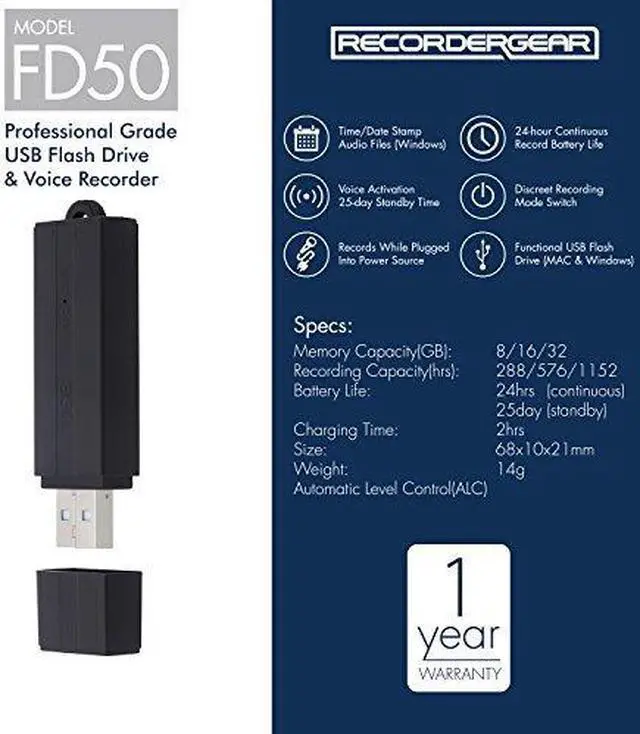 Alt view image 7 of 8 - RecorderGear FD50 USB Flash Drive Voice Recorder 8GB, Audio Activated With 25-Day Battery, Time/Date Stamp, Records While Plugged In, Dual Recording Mode Switch