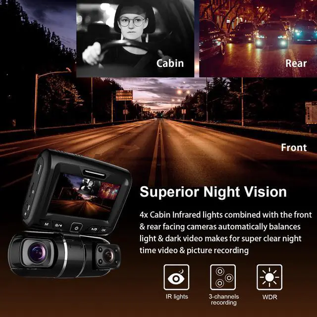 Alt view image 4 of 7 - REXING S1 Dash Cam 3-Channel Front,Rear,Cabin 1080P + 720p +720p, 2 LCD, Infrared Night Vision, Parking Monitor, Mobile APP, WiFi, 170°Angle Lens, Loop Recording, Supercapacitor, Support up to 256GB