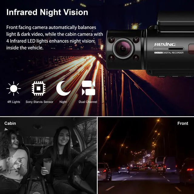 Alt view image 3 of 7 - REXING V3 Basic Dual Camera Front and Inside Cabin Infrared Night Vision Full HD 1080p WiFi Car Taxi Dash Cam with Supercapacitor, 2.7" LCD Screen (V3 Basic - Without GPS)