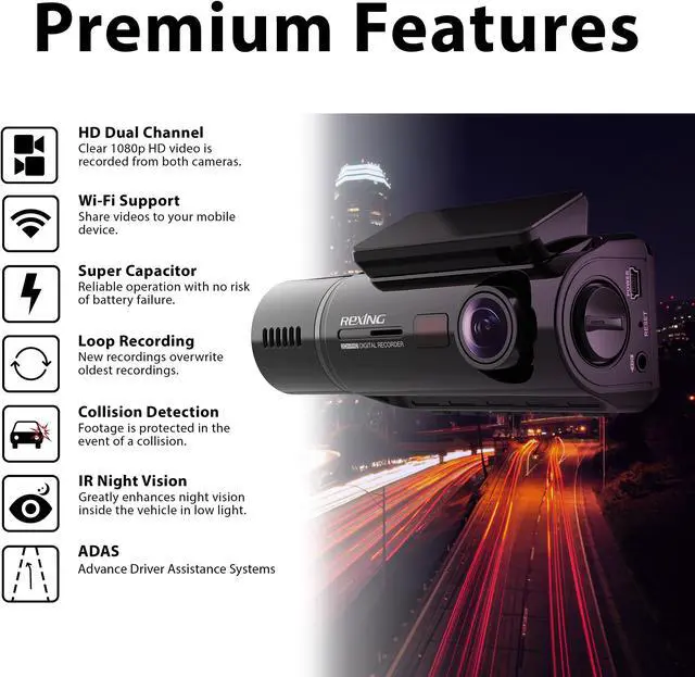 Alt view image 2 of 7 - REXING V3 Basic Dual Camera Front and Inside Cabin Infrared Night Vision Full HD 1080p WiFi Car Taxi Dash Cam with Supercapacitor, 2.7" LCD Screen (V3 Basic - Without GPS)
