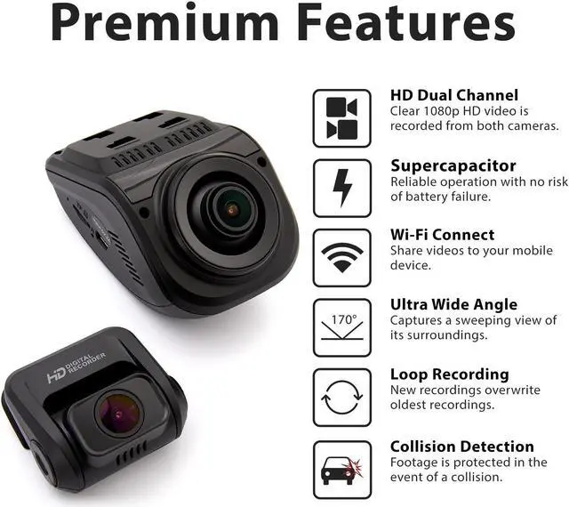 Alt view image 2 of 7 - Rexing V1P 3rd Generation Dual 1080p Full HD Front and Rear 170 Degree Wide Angle Wi-Fi Car Dash Cam with Supercapacitor, 2.4" LCD Screen, G-Sensor, Loop Recording, Mobile App