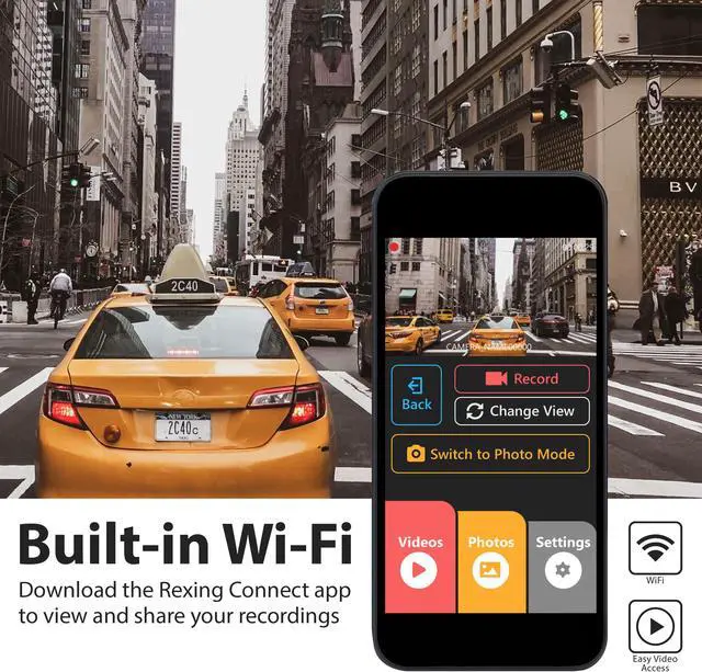 Alt view image 4 of 7 - Rexing V1P 3rd Generation Dual 1080p Full HD Front and Rear 170 Degree Wide Angle Wi-Fi Car Dash Cam with Supercapacitor, 2.4" LCD Screen, G-Sensor, Loop Recording, Mobile App