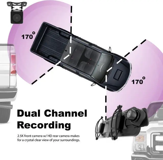 Alt view image 4 of 6 - Rexing M1 HD Dual Channel Rear View 10” IPS Touch Screen Mirror Dash Cam 1296p + 720p Wide Angle Dashboard Streaming Media Recorder DVR with Rear Camera, G-Sensor, Loop Recording, Backup Camera