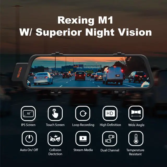 Alt view image 2 of 6 - Rexing M1 HD Dual Channel Rear View 10” IPS Touch Screen Mirror Dash Cam 1296p + 720p Wide Angle Dashboard Streaming Media Recorder DVR with Rear Camera, G-Sensor, Loop Recording, Backup Camera