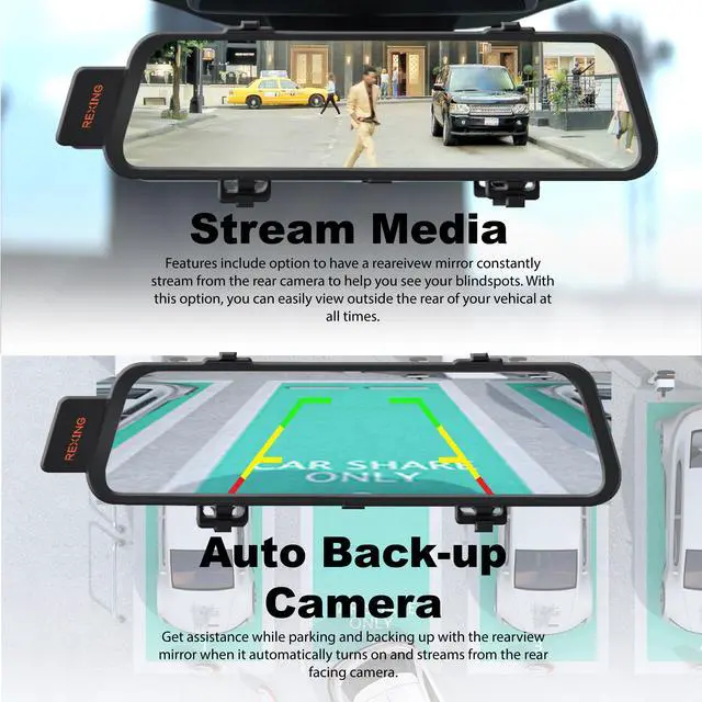 Alt view image 5 of 6 - Rexing M1 HD Dual Channel Rear View 10” IPS Touch Screen Mirror Dash Cam 1296p + 720p Wide Angle Dashboard Streaming Media Recorder DVR with Rear Camera, G-Sensor, Loop Recording, Backup Camera