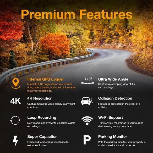 Alt view image 2 of 8 - Rexing V1GW-4K Ultra HD Car Dash Cam w/ Built-in GPS Logger, 2.4" LCD Screen,Wi-Fi,170° Wide Angle Dashboard Camera Recorder with G-Sensor, WDR, Loop Recording, Supercapacitor, Mobile App, up to 256GB