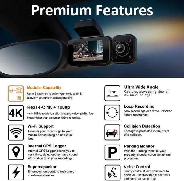 Alt view image 2 of 6 - REXING V5C Dash Cam Front 4K UHD 3840x2160@30fps & 1080p Cabin Camera w/ Modular Capabilities WiFi GPS Car Camera Recorder Night Vision,Loop Recording,Parking Monitor,Support 256GB,Voice Control(2021)