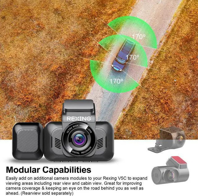 Alt view image 3 of 6 - REXING V5C Dash Cam Front 4K UHD 3840x2160@30fps & 1080p Cabin Camera w/ Modular Capabilities WiFi GPS Car Camera Recorder Night Vision,Loop Recording,Parking Monitor,Support 256GB,Voice Control(2021)
