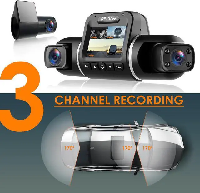 Alt view image 3 of 7 - REXING V2 PRO AI DASH CAM 3 Channel Front/Cabin/Rear 1080p Recording, 2.7 LCD, WiFi, Mobile App, GPS, Artificial Intelligence Dash Camera w/ ADAS, Collision/Pedestrian/Lane Departure Warning
