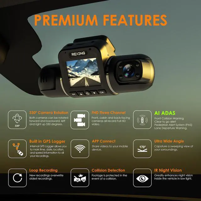 Alt view image 2 of 7 - REXING V2 PRO AI DASH CAM 3 Channel Front/Cabin/Rear 1080p Recording, 2.7 LCD, WiFi, Mobile App, GPS, Artificial Intelligence Dash Camera w/ ADAS, Collision/Pedestrian/Lane Departure Warning