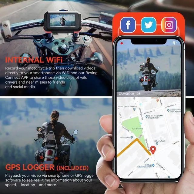 Alt view image 5 of 7 - Rexing MTC1 Motorcycle Dash Cam 3 LCD, Front and Rear Recording 1080p w/170° Wide Angle Lens, Loop Recording, G-Sensor, Waterproof Motorcycle Camera w/ Parking Monitor, GPS, WiFi, Mobile App, 128GB