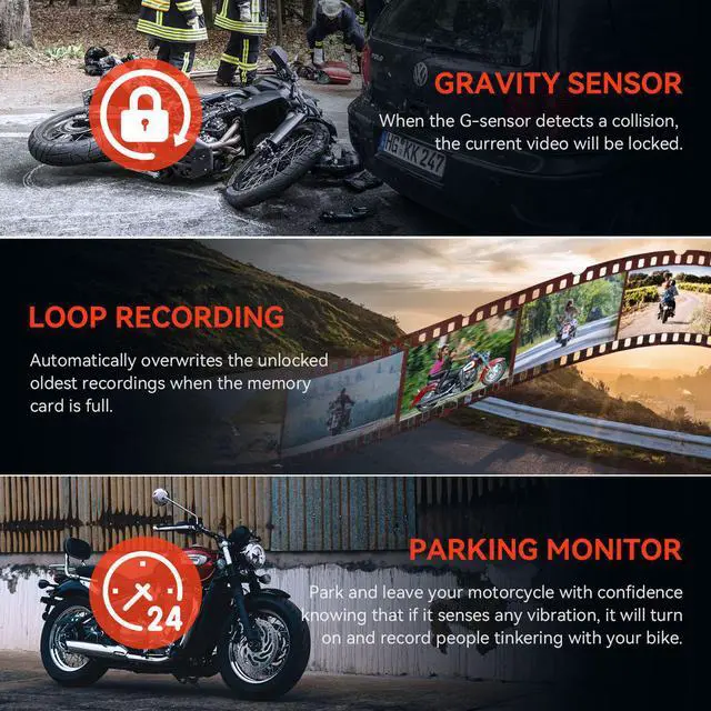 Alt view image 6 of 7 - Rexing MTC1 Motorcycle Dash Cam 3 LCD, Front and Rear Recording 1080p w/170° Wide Angle Lens, Loop Recording, G-Sensor, Waterproof Motorcycle Camera w/ Parking Monitor, GPS, WiFi, Mobile App, 128GB