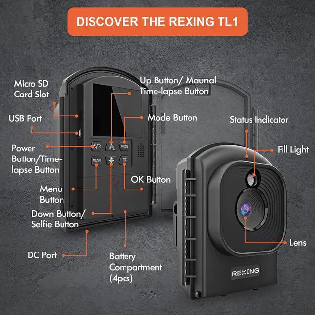Alt view image 6 of 7 - Rexing TL1 Time-Lapse Camera 2.4 LCD 1920x1080 Full HD Video 110° Wide-Angle Lens 6 Month Battery Life 2W White LED Loop Recording, Storage up to 512GB For Photography,Construction,Nature Observation
