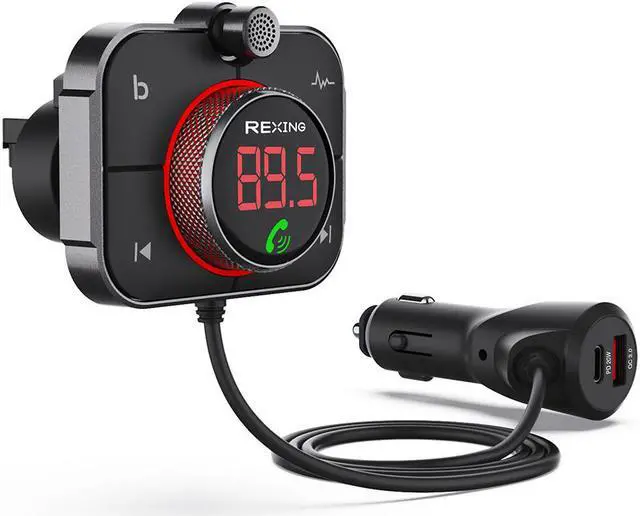 Main image of Rexing FMT2 FM Transmitter Car Charger w/Bluetooth 5.0, MicroSD Port, Wireless Audio Adapter USB & Type C, Quick Charge 3.0, Enhanced Bass Music Player, Hands-Free Calling, Siri&Google Assistant