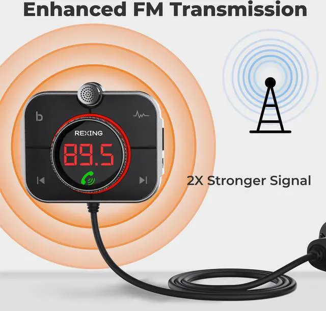 Alt view image 7 of 7 - Rexing FMT2 FM Transmitter Car Charger w/Bluetooth 5.0, MicroSD Port, Wireless Audio Adapter USB & Type C, Quick Charge 3.0, Enhanced Bass Music Player, Hands-Free Calling, Siri&Google Assistant