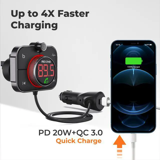 Alt view image 4 of 7 - Rexing FMT2 FM Transmitter Car Charger w/Bluetooth 5.0, MicroSD Port, Wireless Audio Adapter USB & Type C, Quick Charge 3.0, Enhanced Bass Music Player, Hands-Free Calling, Siri&Google Assistant