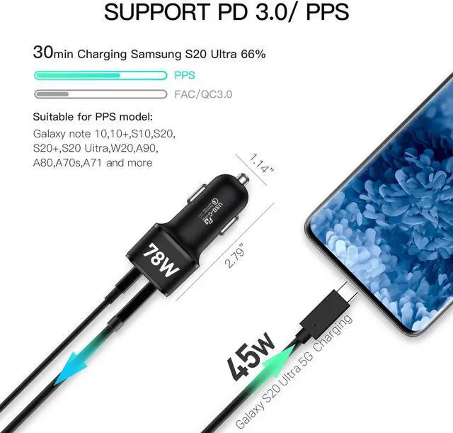 Alt view image 3 of 7 - REXING JETSPEED Black 78W PowerDrive+ USB-C/USB Car Charger, 2 Port QC3.0/PD3.0 Power delivery for Dashcam/Android/iPhone/MacBook/Windows Fast Charge Dual USB Car Cigarette Lighter Adapter w/ Cables