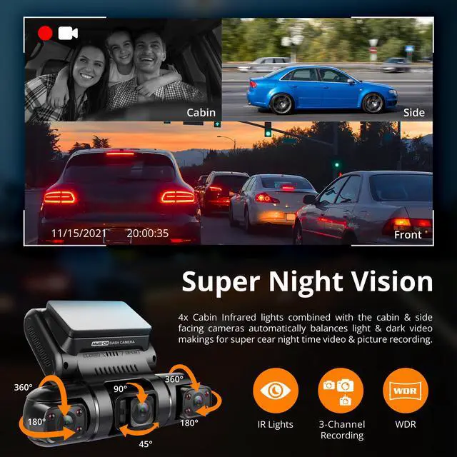Alt view image 7 of 7 - REXING S3 3-Channel Dash Cam Front, Cabin, Sides 1080P+1080p+1080p, 3 LCD, GPS, Infrared Night Vision, Parking Monitor,  WiFi,  APP, 170°Angle, Loop Recording, Side Coverage, Support up to 256GB