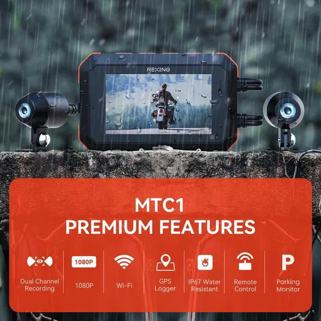Alt view image 2 of 7 - Rexing MTC1 Motorcycle Dash Cam 3 LCD, Front and Rear Recording 1080p w/170° Wide Angle Lens, Loop Recording, G-Sensor, Waterproof Motorcycle Camera w/ Parking Monitor, GPS, WiFi, Mobile App, 128GB