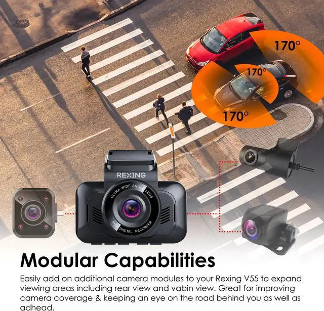 Alt view image 4 of 7 - Rexing V55 Dash Cam  4K Modular Capabilities, 5.0 GHz Wi-Fi, and GPS Car Dash Camera Recorder, Night Vision, Loop Recording, Parking Monitor, Supercapacitor, Support 256GB Max, Voice Control (2023)