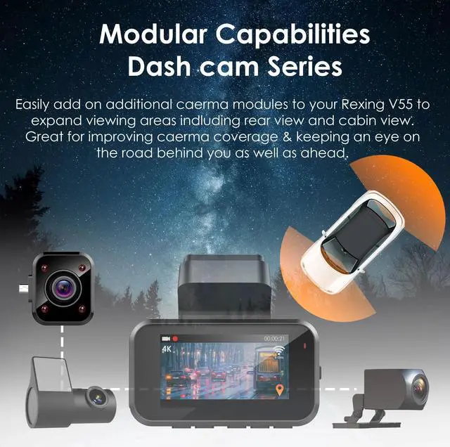Alt view image 3 of 6 - Rexing Cabin View Camera For V55 Premium 4K Modular Capabilities Car Dash Cam, Modular Add-On, Infrared Night Vision, 170° Wide Angle