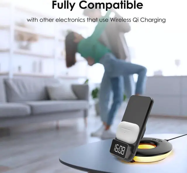 Alt view image 4 of 7 - Rexing 3-in-1 Wireless Charging Station, Touch Control, Table Lamps for Home and Office, Desk Lamp with Cable, 15W Qi-certified Charging, Alarm Clock - Black