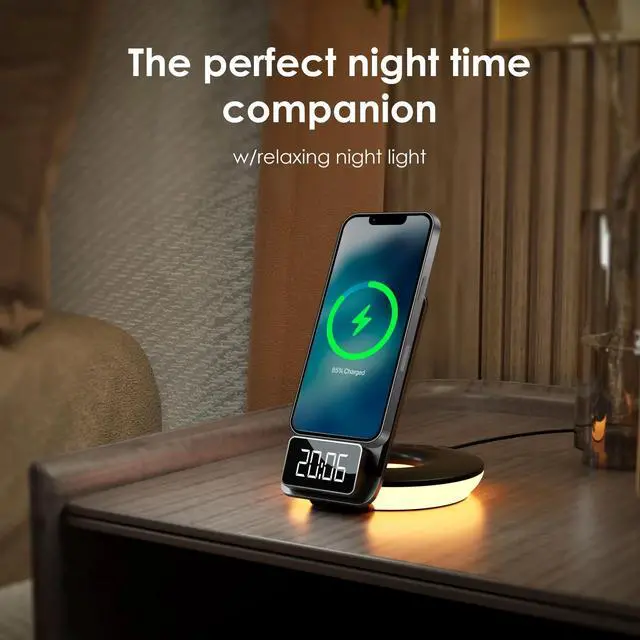Alt view image 5 of 7 - Rexing 3-in-1 Wireless Charging Station, Touch Control, Table Lamps for Home and Office, Desk Lamp with Cable, 15W Qi-certified Charging, Alarm Clock - Black