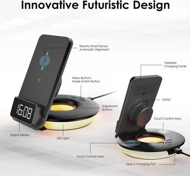 Alt view image 7 of 7 - Rexing 3-in-1 Wireless Charging Station, Touch Control, Table Lamps for Home and Office, Desk Lamp with Cable, 15W Qi-certified Charging, Alarm Clock - Black
