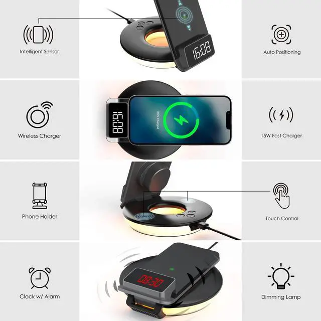 Alt view image 2 of 7 - Rexing 3-in-1 Wireless Charging Station, Touch Control, Table Lamps for Home and Office, Desk Lamp with Cable, 15W Qi-certified Charging, Alarm Clock - Black