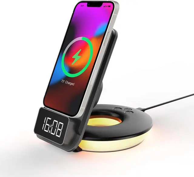 Main image of Rexing 3-in-1 Wireless Charging Station, Touch Control, Table Lamps for Home and Office, Desk Lamp with Cable, 15W Qi-certified Charging, Alarm Clock - Black