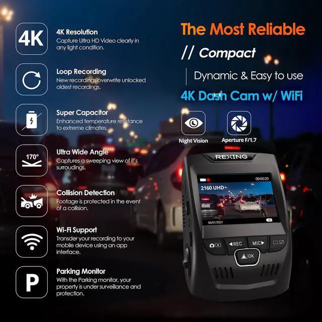 Alt view image 2 of 7 - Rexing V1-4K Ultra HD Car Dash Cam 2.4" LCD Screen, Wi-Fi, 170° Wide Angle Dashboard Camera Recorder with G-Sensor, WDR, Loop Recording, Supercapacitor, Mobile App, 256GB Supported