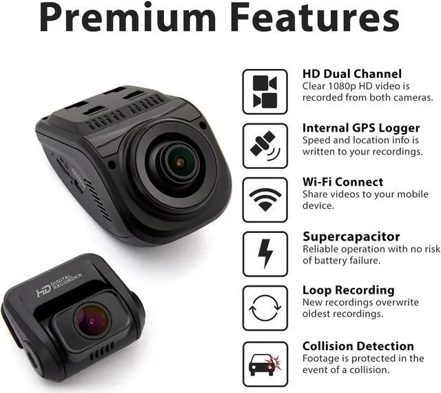 Alt view image 2 of 7 - Rexing V1P Pro Dual 1080p Full HD Front and Rear 170° Wide Angle Wi-Fi Car Dash Cam with Built-in GPS Logger, Supercapacitor, 2.4" LCD Screen, G-Sensor, Loop Recording, Mobile App, Parking Monitor