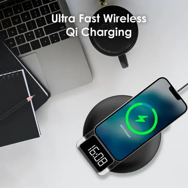 Alt view image 6 of 7 - Rexing 3-in-1 Wireless Charging Station, Touch Control, Table Lamps for Home and Office, Desk Lamp with Cable, 15W Qi-certified Charging, Alarm Clock - Black