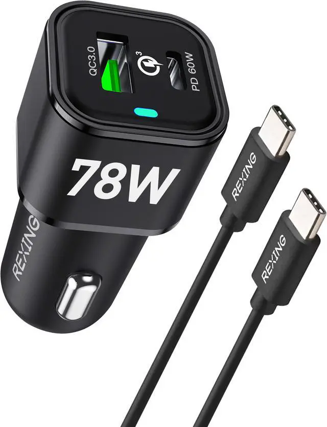 Main image of REXING JETSPEED Black 78W PowerDrive+ USB-C/USB Car Charger, 2 Port QC3.0/PD3.0 Power delivery for Dashcam/Android/iPhone/MacBook/Windows Fast Charge Dual USB Car Cigarette Lighter Adapter w/ Cables
