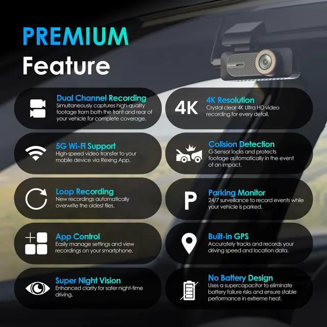 Alt view image 2 of 7 - Rexing F30 4K+1080P Dual Dash Cam Front and Rear, Built-in GPS Mount, 5G Wi-Fi, App Control, Parking Monitor, Collision Detection