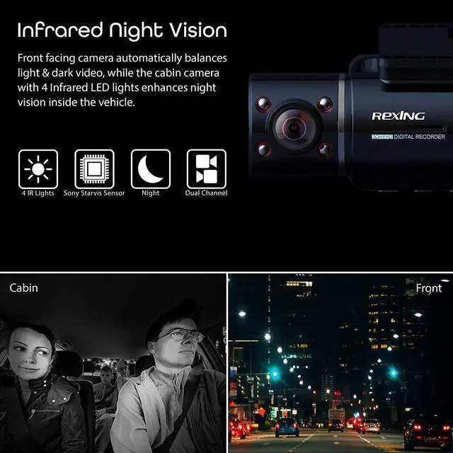 Alt view image 3 of 7 - Rexing V3 Dual Camera Front and Inside Cabin Infrared Night Vision Full HD 1080p WiFi Car Taxi Dash Cam with Built-in GPS, Supercapacitor, 2.7" LCD Screen, Parking Monitor, Mobile App