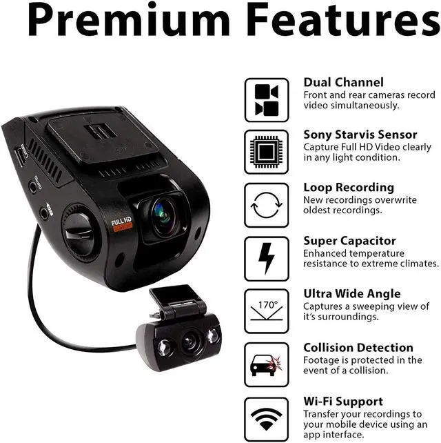 Alt view image 2 of 14 - Rexing V1P 4K 2.4" LCD 2160p Front + 1080p Rear Wi-Fi 170° Wide Angle Dual Channel Dashboard Camera Recorder Car Dash Cam with Rear Cam, G-Sensor, WDR, Loop Recording Mobile App Supercapacitor (2021)