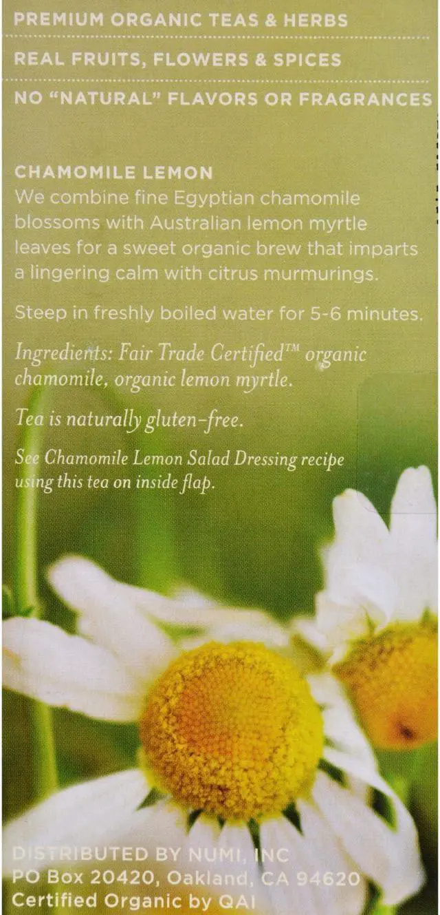 Alt view image 2 of 5 - Numi Organic Teas and Teasans 1.8oz Chamomile Lemon 18/Box 10150