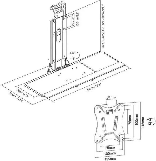 Alt view image 7 of 7 - Boost Industries WM-3N1 Single VESA Compatible Height Adjustable Display Wall Mounted Workstation For 13" To 32" Screens