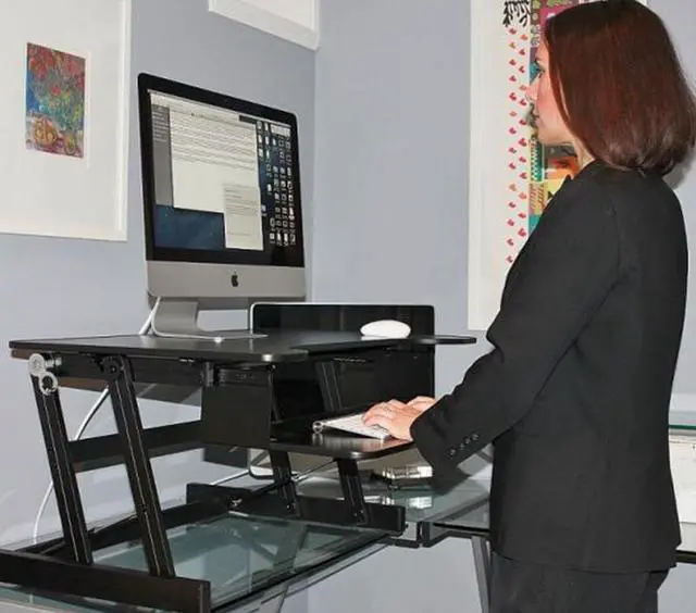 Alt view image 5 of 15 - Rocelco Height Adjustable Standing Desk Riser - ADR 32" wide - Black Finish - with Bonus Screen Cleaner