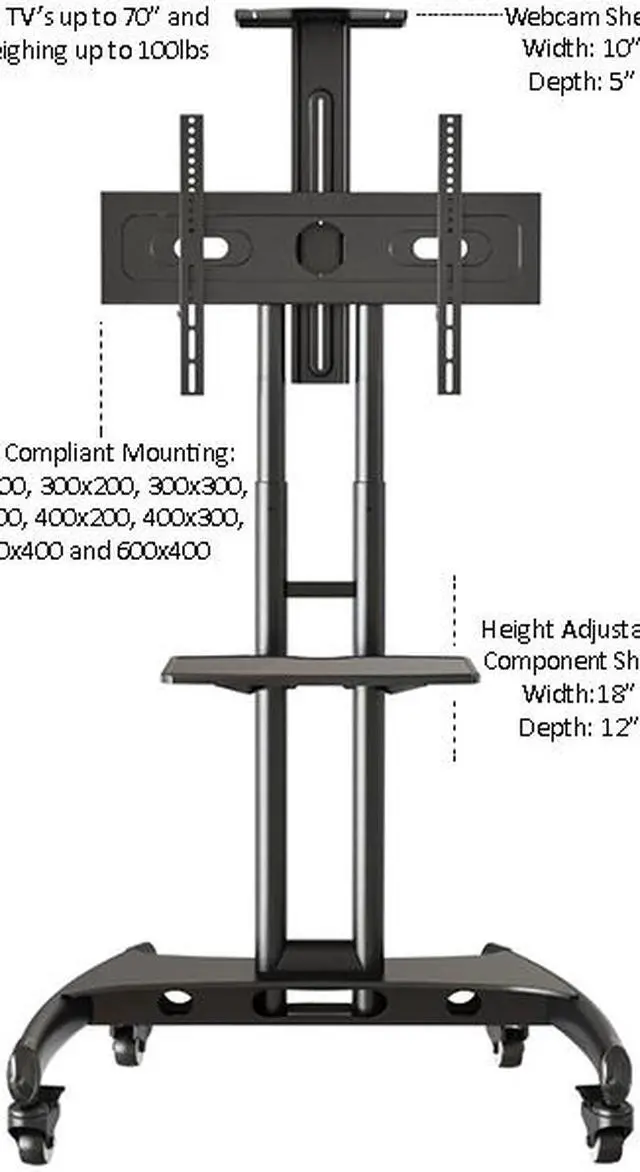 Alt view image 3 of 13 - Rocelco VSTC Standard Rolling, Mobile TV Cart Mount (Black) Mobile Cart