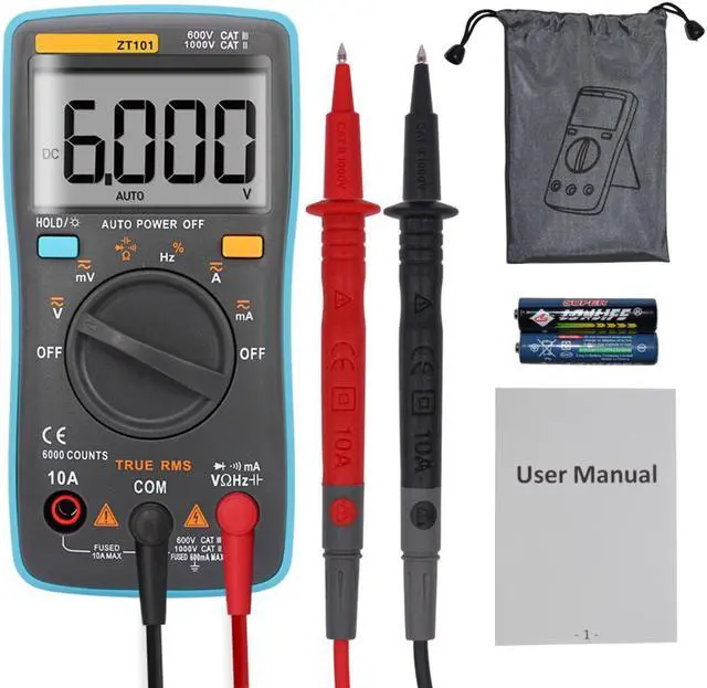 Main image of Auto-Ranging True RMS Digital Multimeter 6000 Counts & Backlit LCD Display, Measures AC/DC Voltage & Current, Resistance, Capacitance, Frequency, Duty Cycle, Diode, Continuity